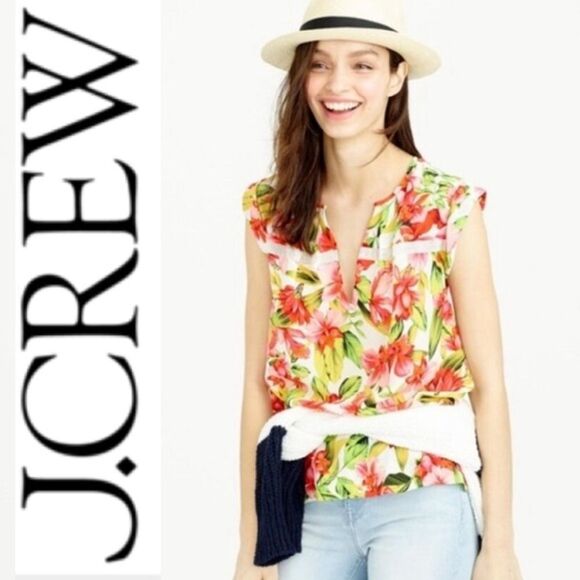 J. CREW COLLECTION Tropical Floral Print Silk Short Sleeve Blouse Top Size 6 - Picture 1 of 12